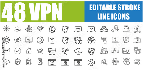 VPN Icon Set - Virtual Private Network, Security, Privacy, Encryption, Tunneling, Remote Access, Firewall, Online Privacy, Network Security, Data Protection, Anonymous Browsing and More - Editable Lin