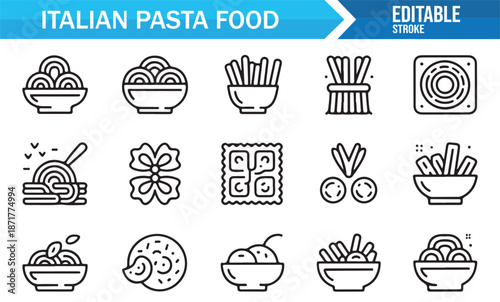 Italian food pasta bowls and noodles outline icon set