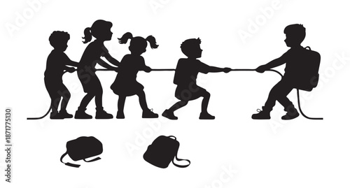 Kids Tug of War Silhouette Vector, Children Teamwork Rope Game Illustration.