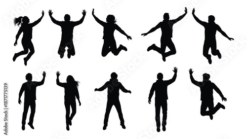 Silhouettes of people jumping and celebrating showing joyful and energetic movement