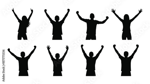 Silhouettes of people with arms raised in a celebratory or worshipful pose