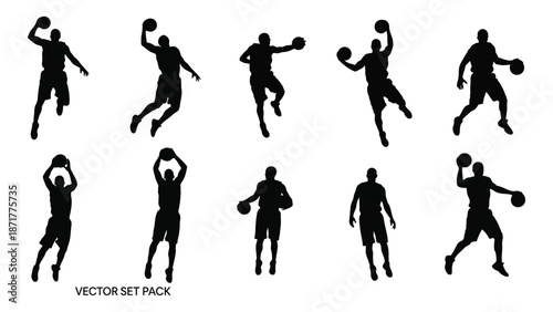 Silhouettes of basketball players in dynamic action poses vector illustration