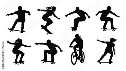 Silhouettes of people enjoying various extreme sports and recreational activities
