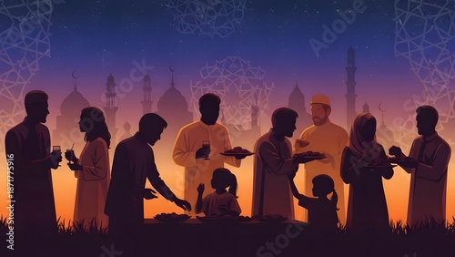 Muslim People Gathering for Iftar Dinner Party in Front of Mosque Silhouette