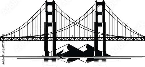 Iconic Golden Gate Suspension Bridge Silhouette Vector Illustration, Featuring Hills and Water Reflection Backdrop, Famous San Francisco Landmark and American Architectural Travel Symbol.