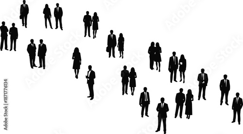 Isometric business people silhouettes, office staff standing in groups, men and women in suits, cad drawing flat vector illustration