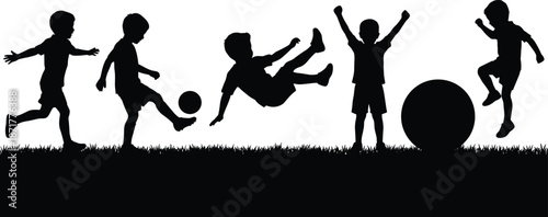 Kids playing soccer silhouette collection showing joyful football action outdoor childhood activity isolated black vector illustration for sport design