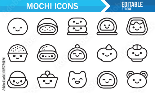 Cute mochi and kawaii dessert outline icons collection