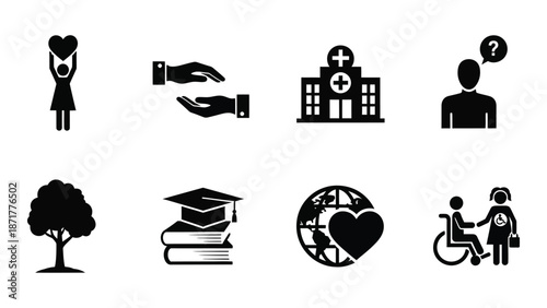 Healthcare education nature and community support illustrated with simple black icons