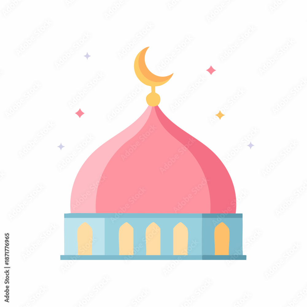 Fototapeta premium Cute Cartoon Mosque Dome with Crescent Moon Icon. Minimalist Vector Illustration of Islamic Architecture, Suitable for Ramadan, Eid Al-Fitr, or Muslim Holiday Greeting Cards.