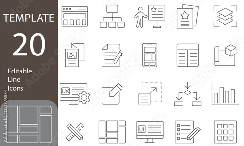Template Editable Line Icons Set. wireframe, table, grid, editable, layers, Layout, flowchart, diagram and more. Vector illustration