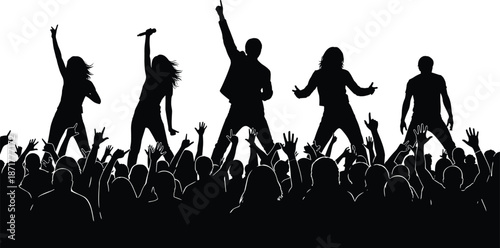 Live band concert silhouettes, rock music performers singing and dancing above excited cheering crowd isolated on white background vector illustration