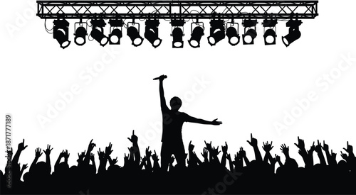 Live concert singer silhouette on stage, cheering crowd audience with raised hands, music festival performance, stage lighting rig, nightlife entertainment event