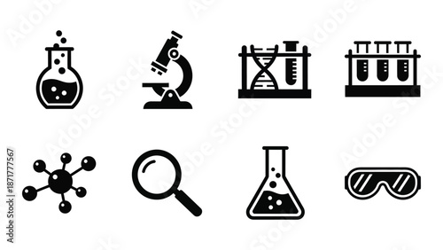 Scientific research icons depicting laboratory equipment and related concepts