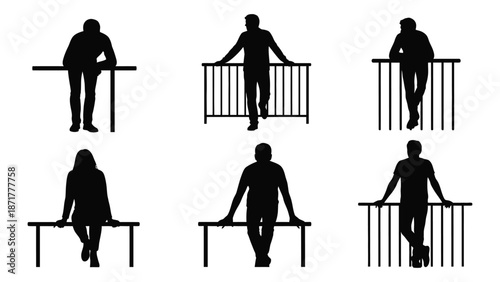 Silhouettes of people standing and sitting on balconies or ledges