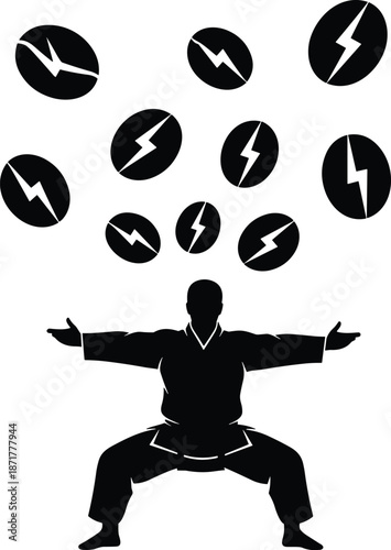 Martial artist silhouette channeling energy spheres lightning symbols meditation power concept illustration isolated on white background minimal vector graphic design