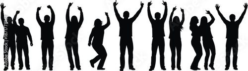 Row of happy people silhouettes, cheering crowd with hands up dancing and celebrating, isolated vector illustration set.