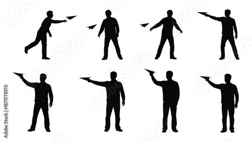 Silhouettes of people launching paper airplanes in various poses and actions
