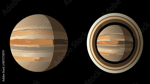 Flat vector illustration of planet jupiter in space with two views showing its realistic texture and vibrant orange brown beige and gray color palette for astronomy