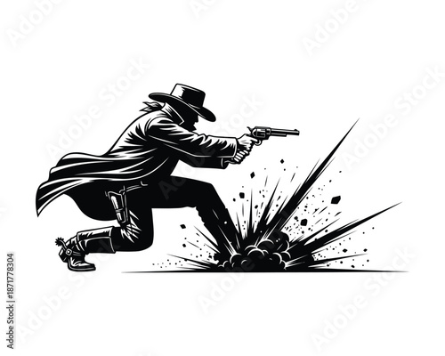 Cowboy drawing revolver, Cowboy in long coat, Cowboy hand gun, Cowboy gun Shooting, mounted cowboy gun draw, cowboy with hat, cowboy gun draw with smoke, desert cowboy, cowboy’s long duster coat fly