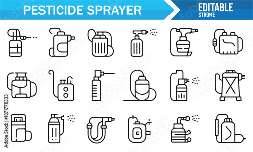 Minimal agricultural sprayer and pest control outline icons set