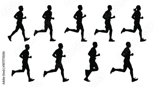 Silhouettes of runners in various stages of a running stride
