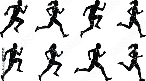 Running silhouette set, male and female athletes sprinting, jogging people vector, sport figures isolated on white background.