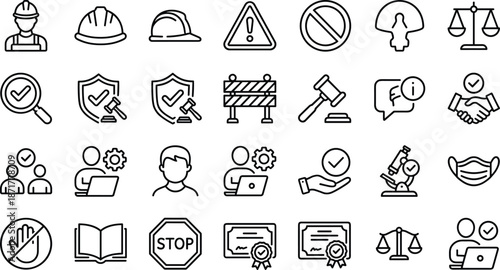 Safety law health icons, workplace compliance symbols, black line vector, occupational protocol illustration, cad drawing flat vector illustration