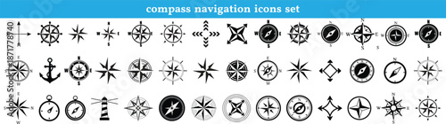 Nautical compass navigation icons set, marine sailing and travel symbols, Collection of various black and white compass and navigation icons