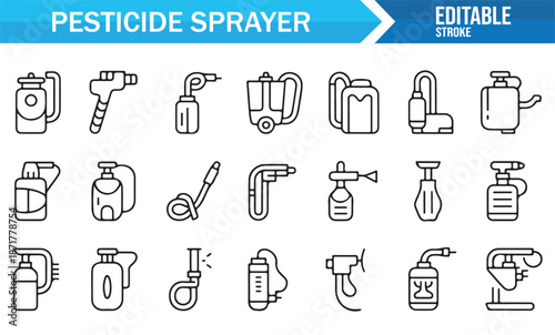 Garden and farm pesticide sprayer line icons
