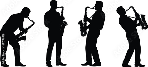 Saxophone Player Silhouettes, Jazz Musician Performance, Band Member Figure Cutouts, and Concert Instrument Vector Collection
