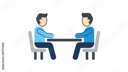Business meeting, handshake or agreement at a table, two people discussing plans, vector illustration