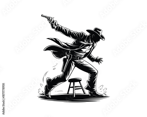 Cowboy drawing revolver, Cowboy in long coat, Cowboy hand gun, Cowboy gun Shooting, mounted cowboy gun draw, cowboy with hat, cowboy gun draw with smoke, desert cowboy, cowboy’s long duster coat fly