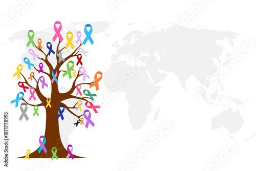 Colorful awareness ribbons forming a tree on a world map background. Symbol of global cancer awareness, support, hope, solidarity, and World Cancer Day healthcare concept illustration