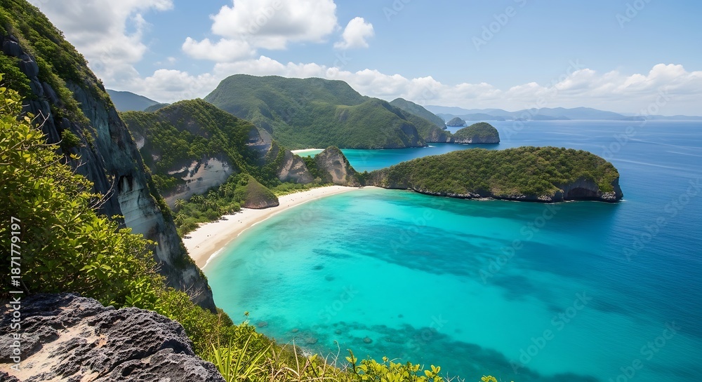 Obraz premium Stunning Tropical Island Paradise with Turquoise Waters and Lush Green Mountains.
