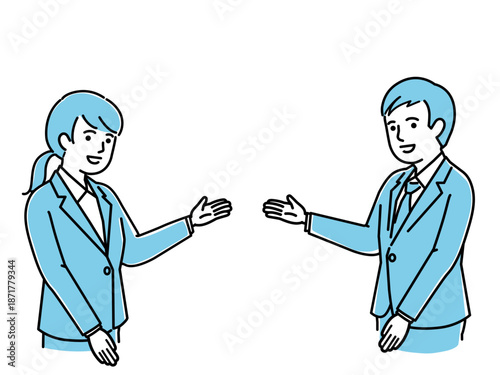 水色のスーツや制服を着て向かい合い案内する男女のスタッフ、医療や介護・接客サービスのイラスト