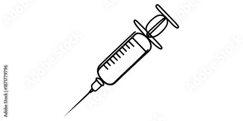 Simple line art illustration of a medical syringe with plunger and needle Vector, illustration
