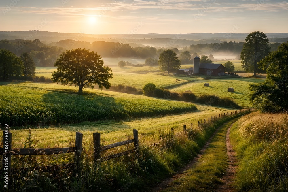 Obraz premium Peaceful rural landscape at sunrise with rolling hills and a farm