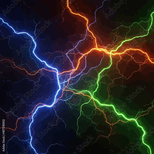 Multicolored lightning bolts in air.