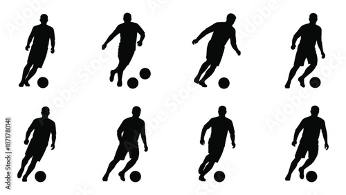 Silhouettes of soccer players in motion with a ball dynamic sports illustration