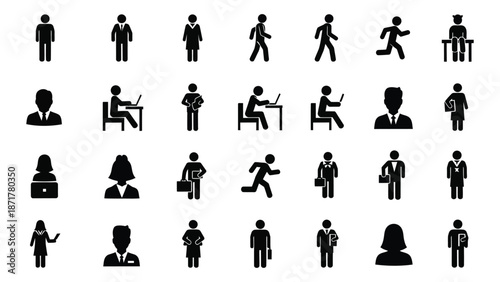 Collection of simple black silhouette icons depicting diverse people and activities