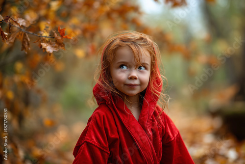 Little girl in red cloak walking through autumn forest