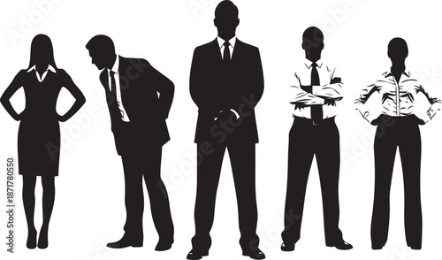 Five silhouetted business people standing in a row with different poses and attire silhouettes