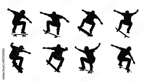 Skateboarder silhouettes performing various tricks and dynamic poses in black