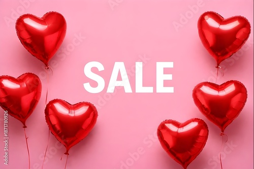 Image of word sale with heart shaped balloons for valentine's day sale