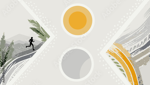 Healthy lifestyle concept with person running on road surrounded by nature and abstract design elements in flat style with flat design and wellness
