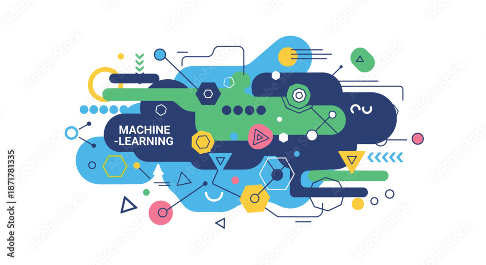 Obraz premium Abstract machine learning concept with interconnected data elements and geometric shapes.