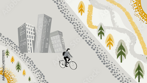 Flat vector design of a person riding a bicycle on a bike path through an urban lifestyle setting with buildings and trees with person riding bicycle