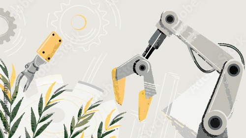 Robotic arms with yellow claws picking wheat on white background with gear and greenery with robotics and automation and industrial and technology