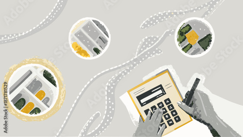 A hand holding a pen and calculator with a budgeting concept and various charts and graphs in the background for financial planning and management